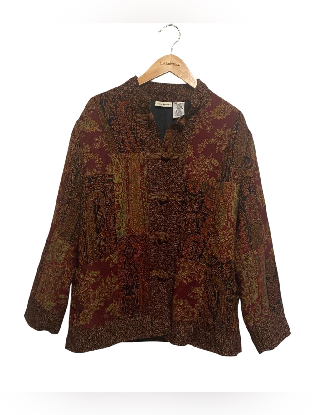 Vintage White Stag Burgundy and Gold Tapestry Knotted Closure Jacket Size L